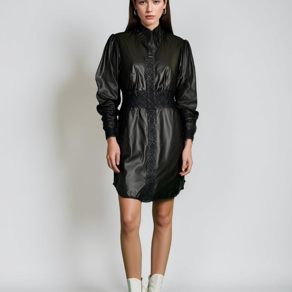 Gian Mori Designer Vintage 80s Black Leather Dress Duster Coat Jacket 40 M 6-8